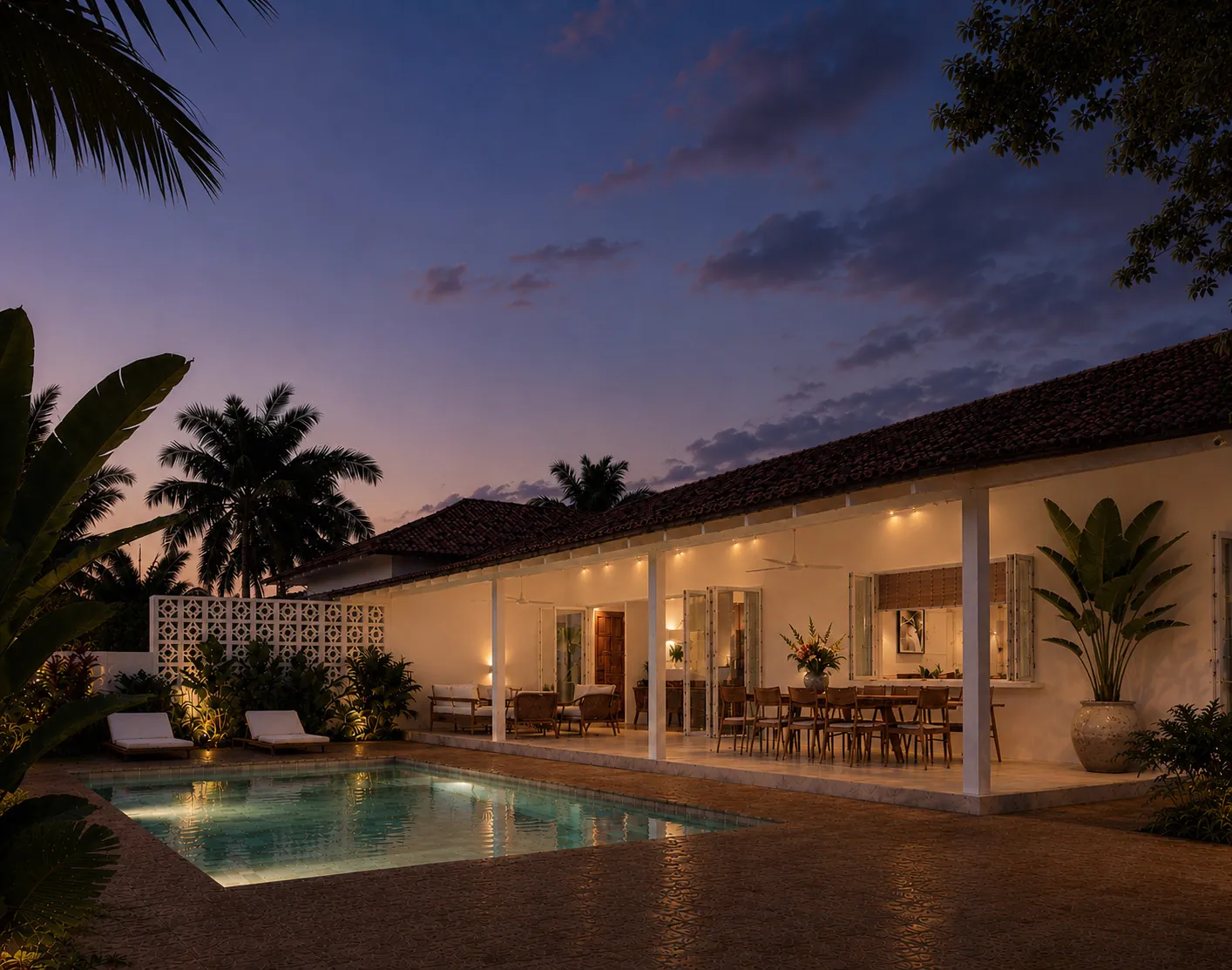 Coconut Grove 3-bedroom villa pool at dusk - Thalpe, Sri Lanka