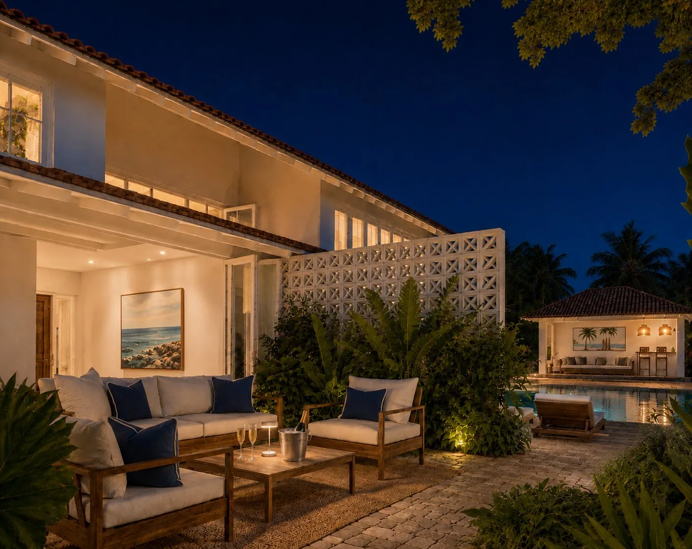 Coconut Grove 4-bedroom villa outdoor living at evening - Thalpe, Sri Lanka