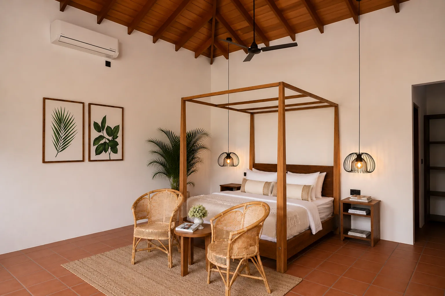 Bedroom with a view - four-poster bed, botanical artworks, rattan chairs