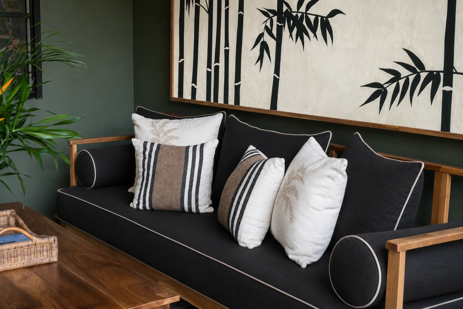 Custom sofa with bamboo artwork and tropical cushions